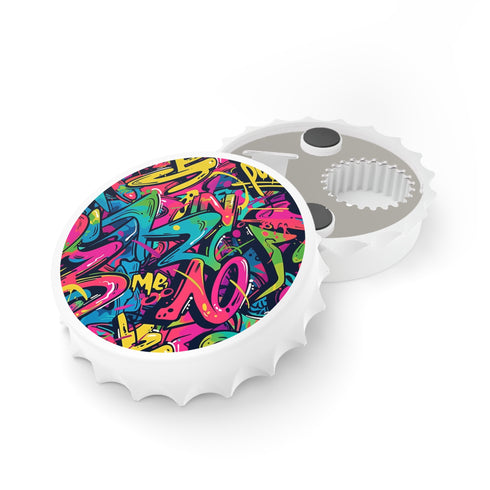 Neon graffiti bottle opener with colorful urban design.