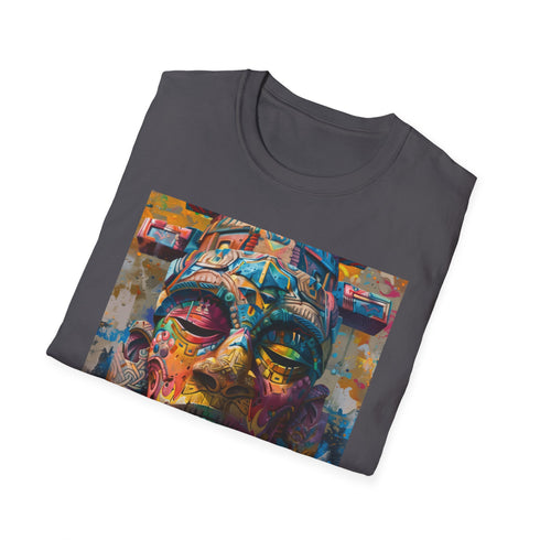 Charcoal crew neck T-shirt with vibrant neon tribal art pattern