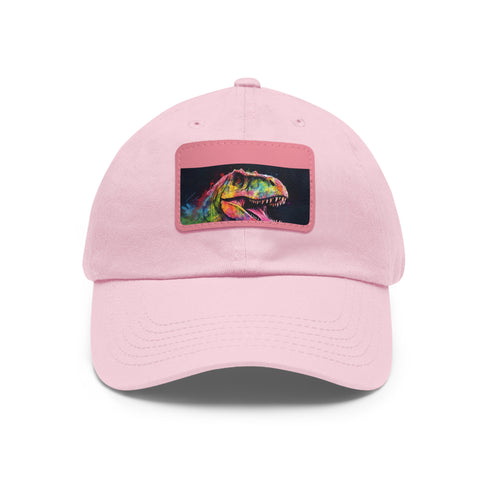 Watercolor neon baseball cap with Trex design on white rectangle patch.