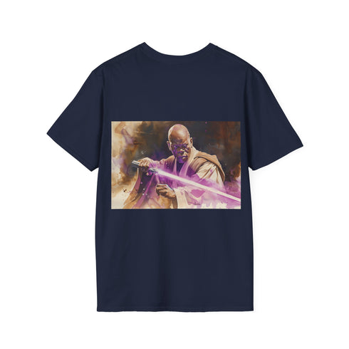 Purple lightsaber tee with Mace Windu design in cotton fabric.