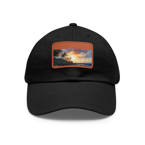 White rectangle Hawaiian sunset paradise cap with light brown patch, unisex vegan.