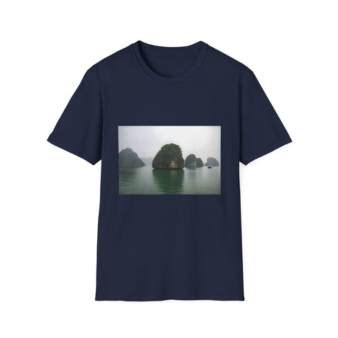 Mens charcoal crew neck T-shirt with serene sea-inspired DTG design