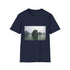 Mens charcoal crew neck T-shirt with serene sea-inspired DTG design