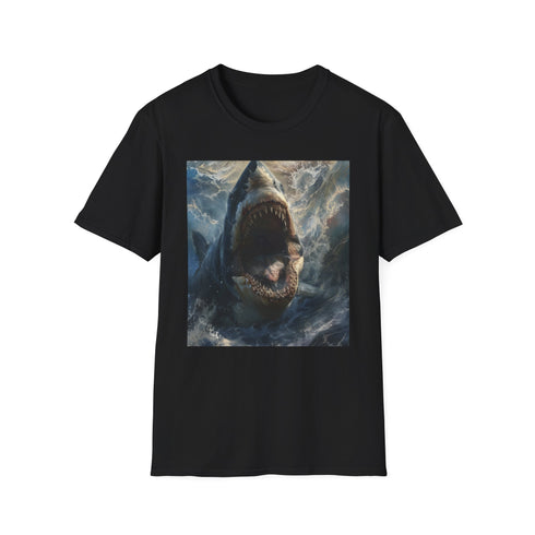 Charcoal crew neck t-shirt with vibrant Megalodon painting for summer wear