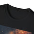Charcoal galaxy painting t-shirt with vibrant cosmos design on cotton fabric
