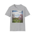 Charcoal crew neck cotton T-shirt featuring vibrant suburban park design