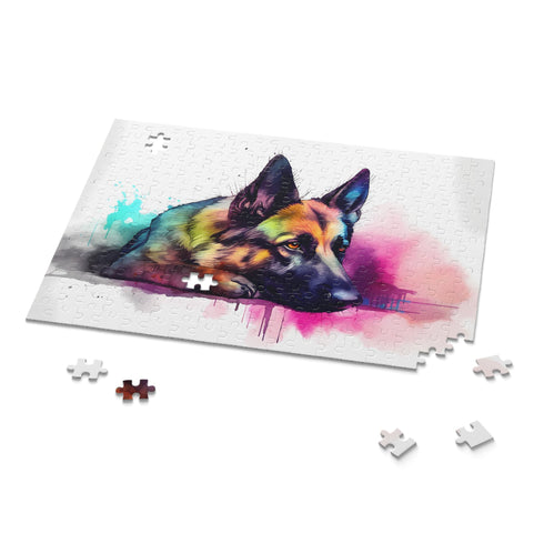 Adorable German Shephard jigsaw puzzle with playful pup portrait.