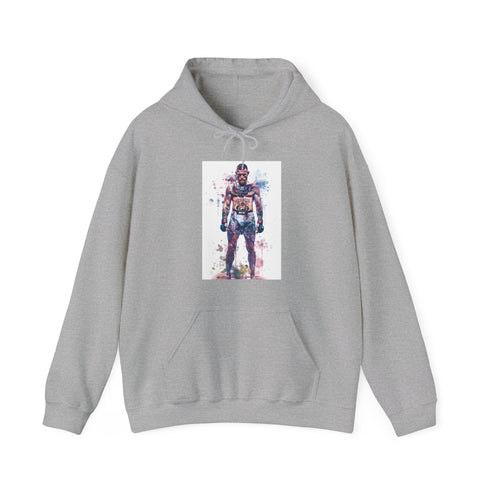 Vibrant navy hoodie featuring watercolor illustration of Conor McGregor in octagon.