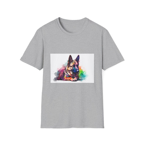 German Shepherd watercolor tee in charcoal cotton with crew neck.