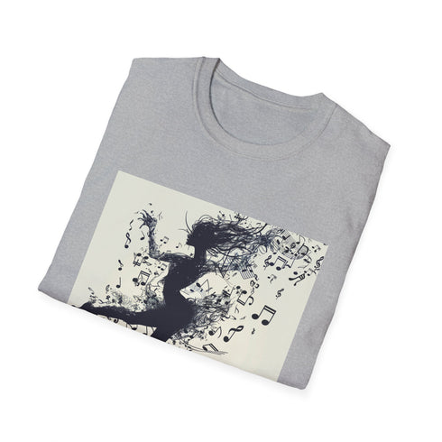 Charcoal T-shirt with dancer silhouette and musical notes evokes grace and rhythm