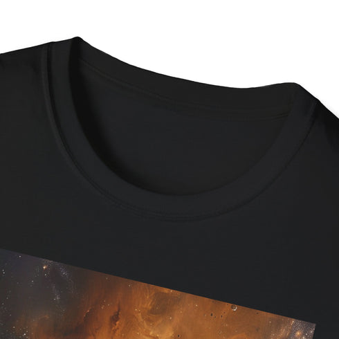 Charcoal cotton t-shirt featuring an ethereal Jupiter painting with cosmic swirls