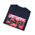 Charcoal cotton crew neck tee with pink flamingo flock design