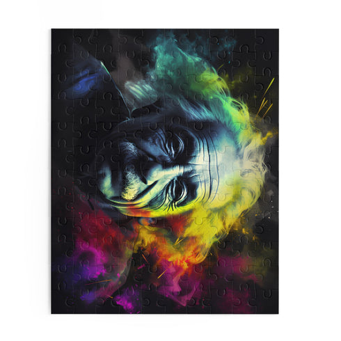 Neon Einstein jigsaw puzzle featuring vibrant watercolor portrait in fall hues.