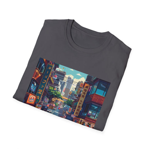 Vintage video game vibes t-shirt in charcoal cotton with pixelated characters.