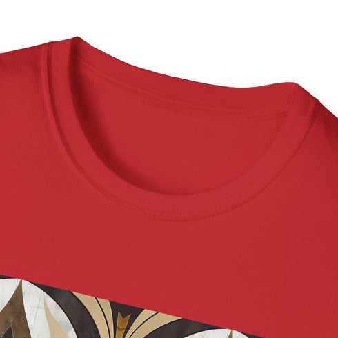 Vibrant charcoal t-shirt with abstract geometric art deco pattern