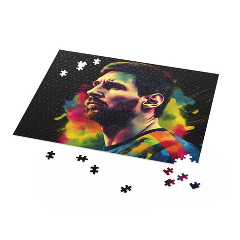 Messi watercolor neon puzzle with vibrant colors and 120 pieces.