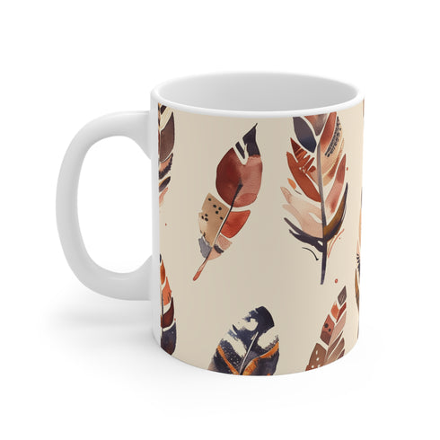 Boho feathers coffee mug with delicate seamless feather pattern in 11oz.