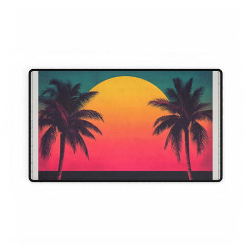 80s Retro Miami Neon Sunset — XL & XXL Desk Mat — Gaming & Workspace Desk Setup View