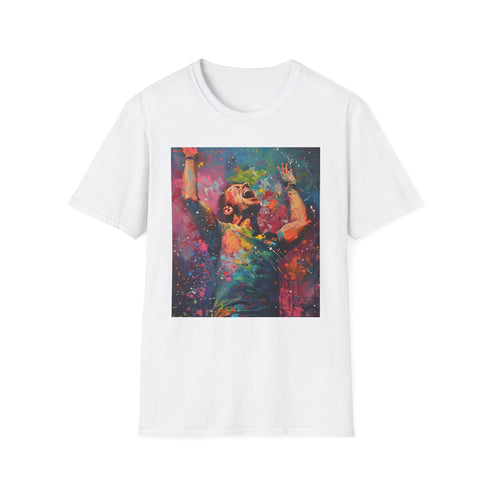 Charcoal crew neck T-shirt with vibrant Coldplay portrait in soft brushstrokes