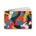 Bright abstract clutch bag with bold, colorful seamless pattern design.