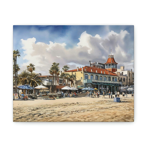 Bohemian beachfront canvas print with colorful Venice sunset vibes.