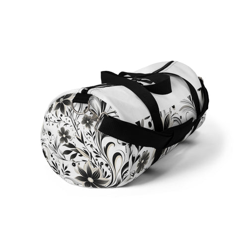 Black and white curved duffel bag with modern flat bezier curve design.