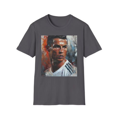 Charcoal cotton crew neck t-shirt with dynamic Ronaldo watercolor design