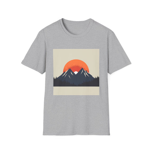 Minimalist sunrise mountain range graphic charcoal t-shirt, regular fit.