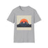 Minimalist sunrise mountain range graphic charcoal t-shirt, regular fit.