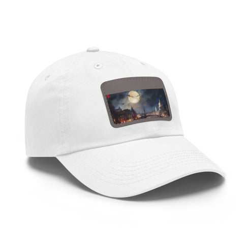 Night-inspired London baseball cap in white with light brown rectangle patch.