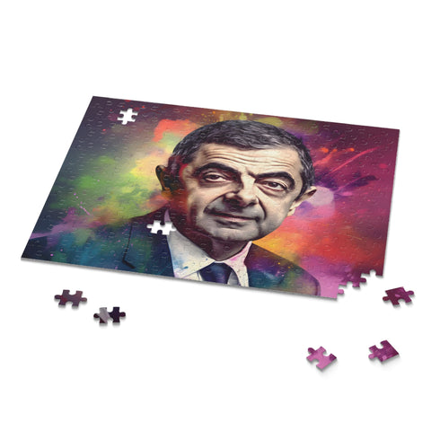 Vibrant, watercolor neon Rowan Atkinson portrait puzzle for art enthusiasts.