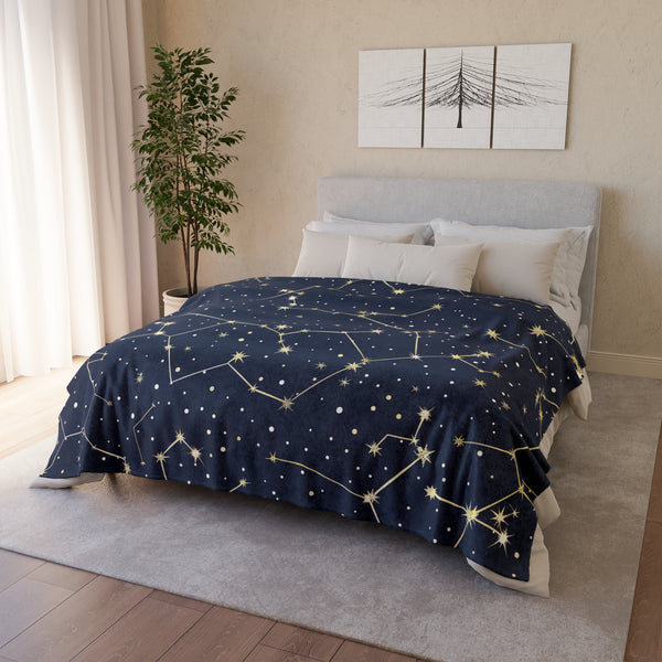 Starry Night Constellation Plush Throw Blanket front flat view with celestial star map