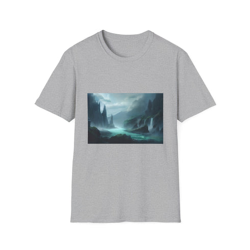Charcoal fantasy landscape T-shirt with crew neck and regular fit cotton