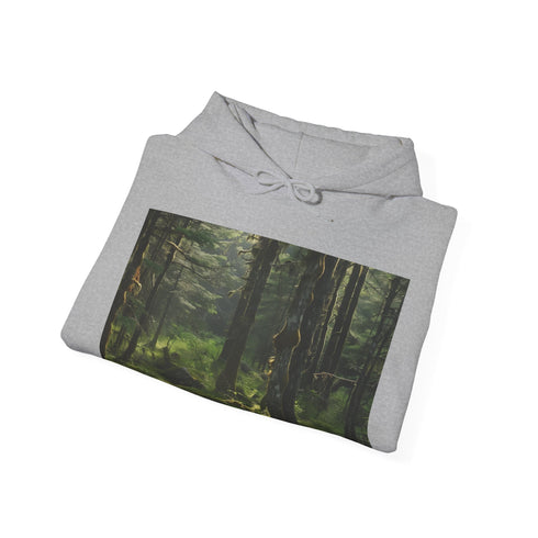 Serene navy hoodie with untamed wilderness illustration for nature enthusiasts.
