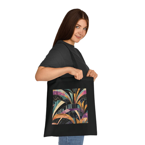 Sophisticated black Art Deco cotton tote bag with abstract geometric patterns.
