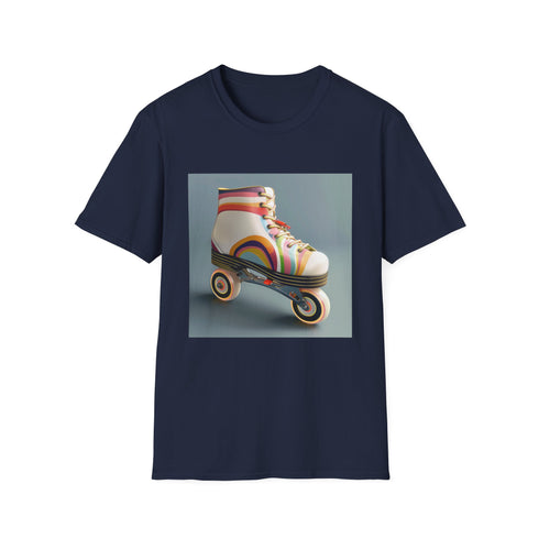Retro roller skate themed charcoal t-shirt with vibrant colorful stripes.
