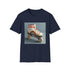Retro roller skate themed charcoal t-shirt with vibrant colorful stripes.