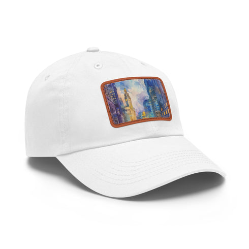 Chicago skyline watercolor cap in white with light brown patch.