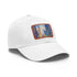 Vibrant Chicago skyline watercolor baseball cap, white with light brown patch.
