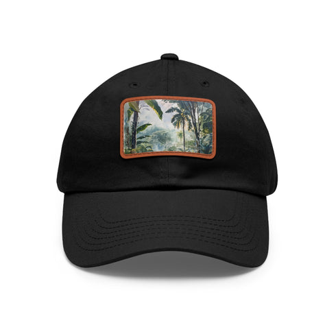 White baseball cap with light brown patch, inspired by Congo rainforest.