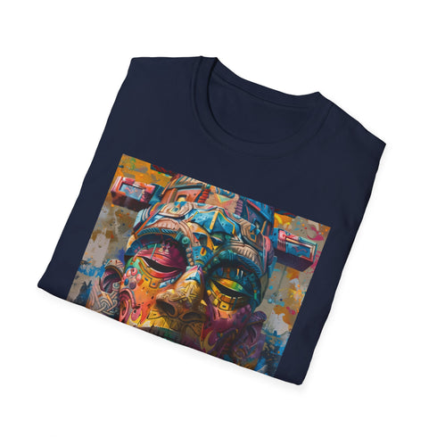 Charcoal crew neck T-shirt with vibrant neon tribal mask painting design
