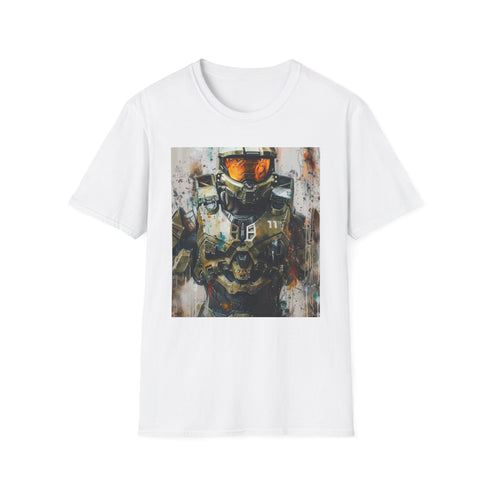 Charcoal cotton t-shirt with vibrant Master Chief painting for Halo fans.