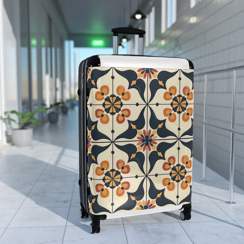 Artisan black ceramic tile patterned suitcase, handcrafted for timeless elegance.
