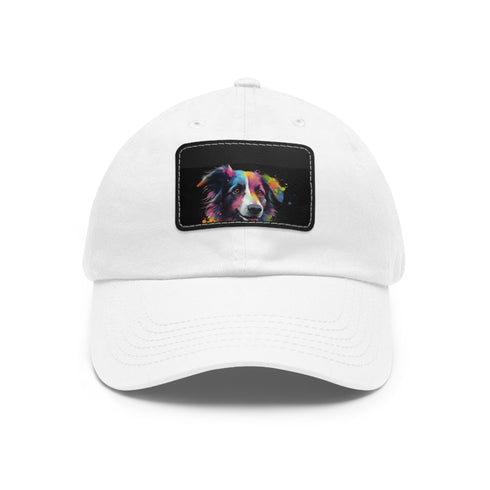 White baseball cap with collie charm patch, for dog lovers.