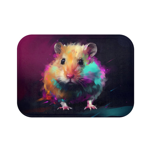 Neon Hamster Haven Bath Mat with playful watercolor portrait design.
