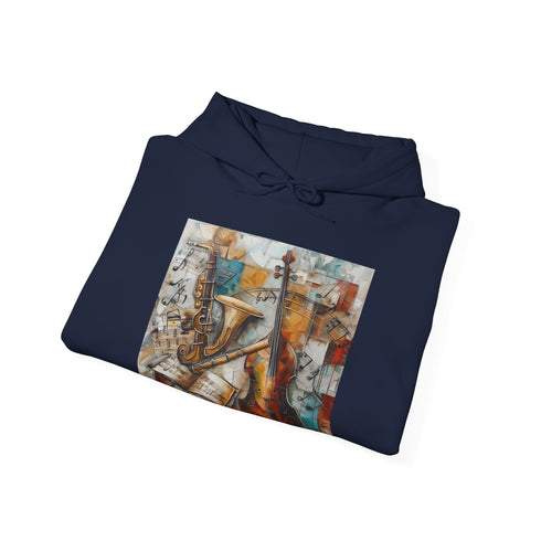 Soulful Sounds Navy Hoodie with Musical & Nature Imagery Pattern