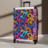 Neon graffiti suitcase set, small black travel bags with vibrant urban pattern.