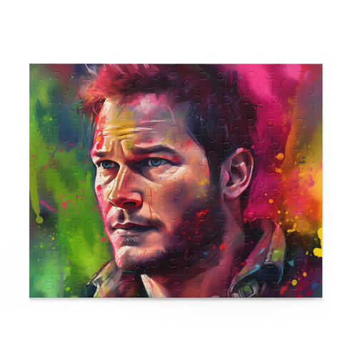 Chris Pratt neon watercolor jigsaw puzzle for home and school fun.