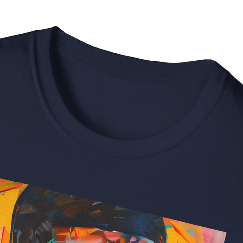 Dynamic Usher portrait on charcoal cotton crew neck t-shirt.
