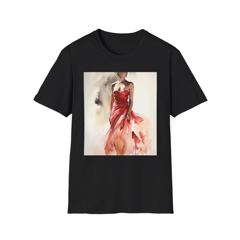 šØ Crimson Reverie: A Watercolor Symphony of Elegance and Allure | T-Shirt | allure, red dress, seductive, woman | Prints with Passion
